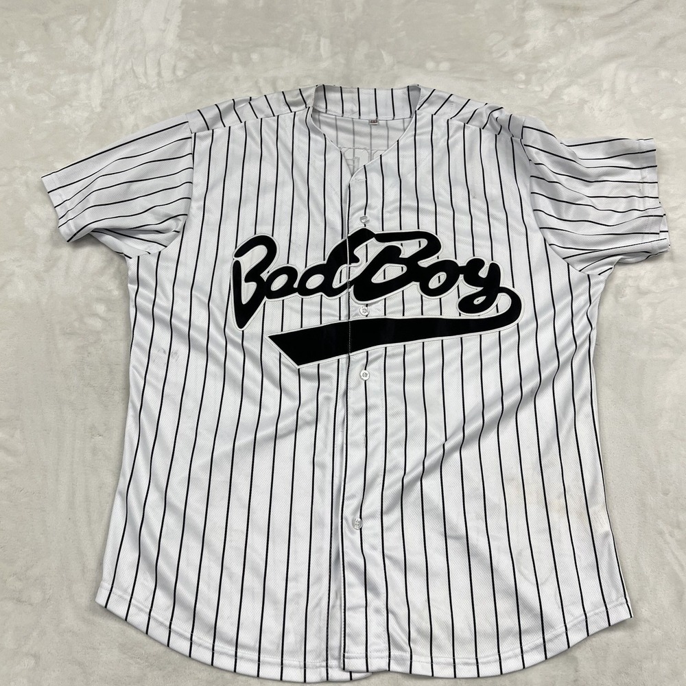 Bad Boy biggie Baseball Jersey Mens XL White Pinstripe Embroidered Logo Mesh
